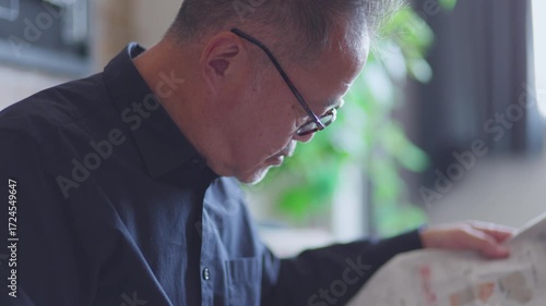 Senior Japanese man reading a newspaper