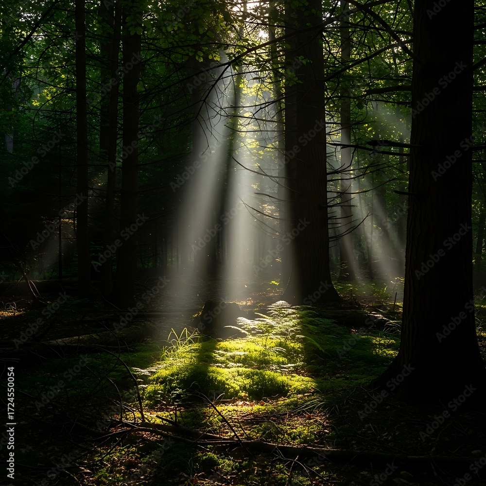 Fototapeta premium Sunlight Piercing Dark Forest.