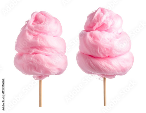 Two fluffy pink cotton candies on wooden sticks