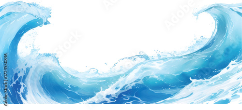 Blue Watercolor Ocean Wave with Abstract Foamy Splash and Artistic Fluid Motion Background for Creative Seascape and Modern Marine Design