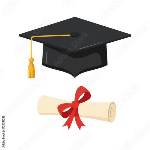 Graduation Cap and Diploma Vector Illustration - Symbol of Academic Achievement and Educational Success