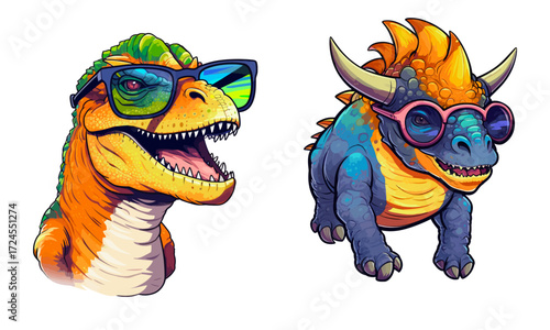 Cool Dinosaur with Sunglasses Sticker Vector Illustration – Triceratops Cartoon Design