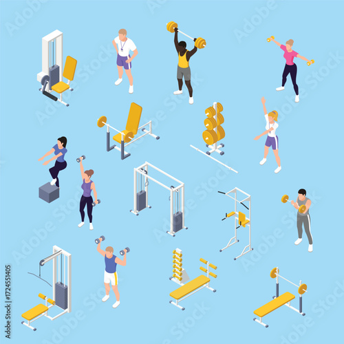 Isometric Gym Equipment and People Engaging in Various Exercises Illustration