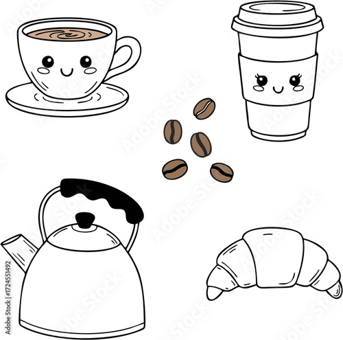 Cute hand-drawn breakfast and coffee set illustration featuring cheerful cups, a kettle, coffee beans, and a delicious croissant, perfect for morning delights