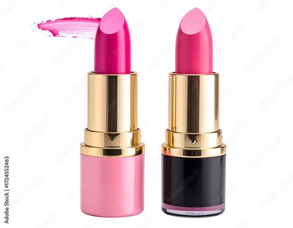 Fototapeta premium Two vibrant pink lipsticks, one with a pink casing, the other with a black, angled slightly apart, a smear of pink lipstick trailing from one