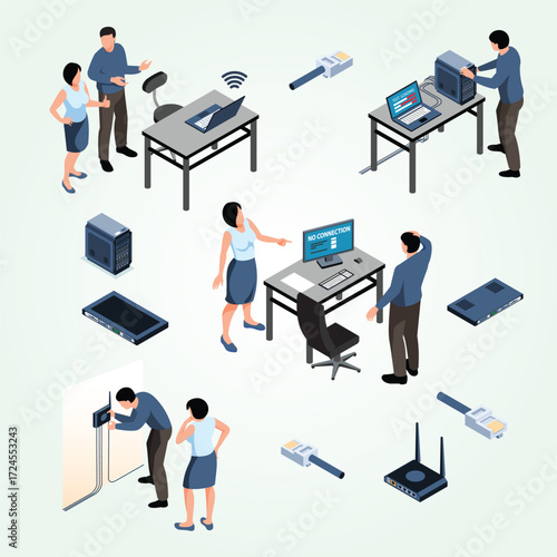 Isometric Style Broken Internet Connection Illustration with People and Devices