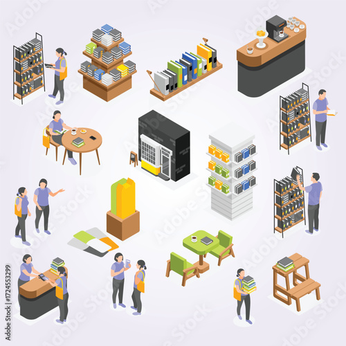 Isometric Bookstore Scene with People Reading and Buying Books Illustration