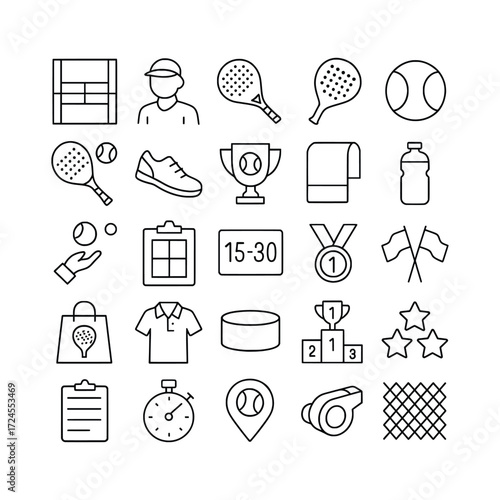 Outline icons illustrating the game of padel tennis, featuring essential equipment, player gear, and symbols of competition and achievement
