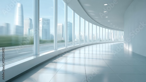 Abstract Blurred Corporate Office Corridor with Cityscape View in Modern Architecture Under Bright Lighting