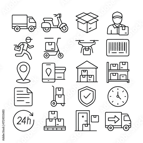 Comprehensive set of thin line icons representing logistics, shipping, and express delivery services for modern business and e-commerce