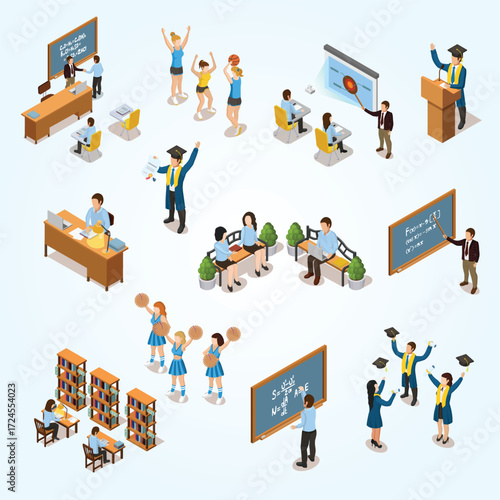 Isometric Colorful Education Scene with Students and Teachers Illustration