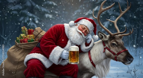 Santa claus sleeping on reindeer with beer