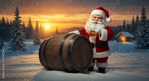 Santa claus with barrel and drink festive scene