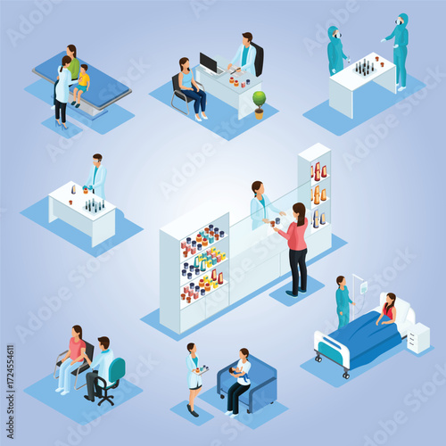 Isometric Detailed Medical Illustration Displaying Doctor Patient Relationship and Healthcare Services
