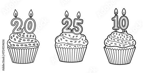 Three birthday cupcakes with candles shaped like the numbers 20 25 and 10 in a line