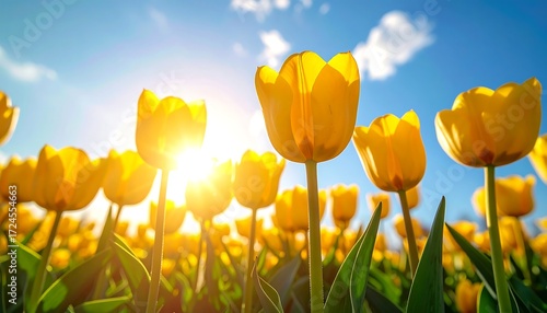 Bright yellow tulips bask in sunlight