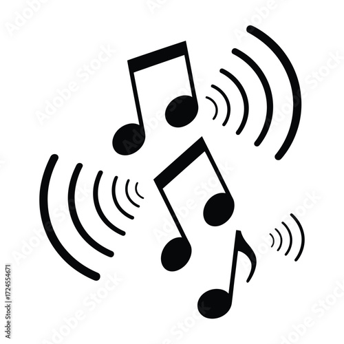 Black musical notes with sound waves emanating outwards on a white background