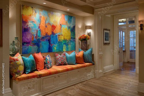 Vibrant hallway features colorful abstract painting above cozy bench adorned with bright, patterned cushions. warm lighting and wooden flooring create inviting atmosphere