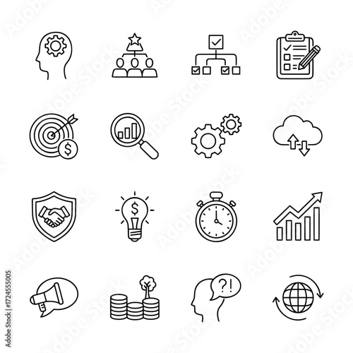 Collection of Business and Finance Icons representing concepts such as strategy, teamwork, analysis, goals, and growth