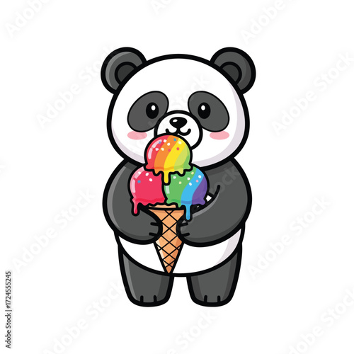 Vector illustration of cute panda eating rainbow ice cream