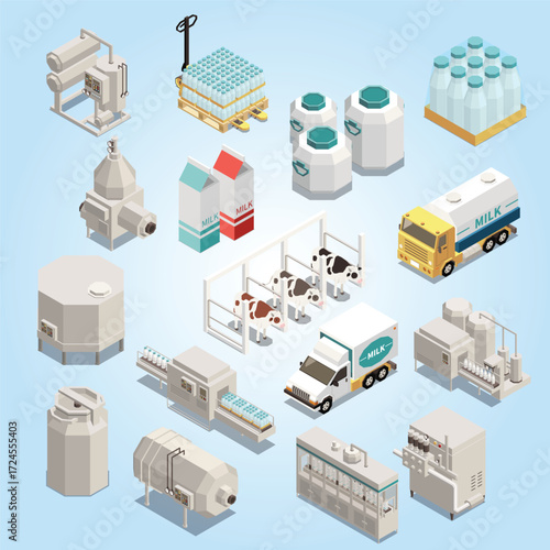 Isometric Dairy Factory Illustration, Milk Production Equipment, and Transportation Vehicles