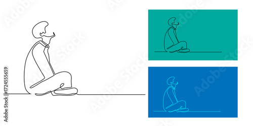 Continuous line drawing of a man sitting on the floor and looking upward.minimalist one line art illustration symbolizing hope, contemplation, and mindfulness.
