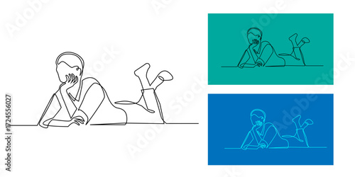 Continuous one line drawing of a young person lying down with hand on face, minimalist abstract art symbolizing relaxation, thinking, or daydreaming.