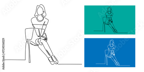 Continuous line art of a woman sitting on a chair with hands bound, minimalist one line drawing representing restriction, limitation, stress, emotional struggle, or feeling trapped in life.