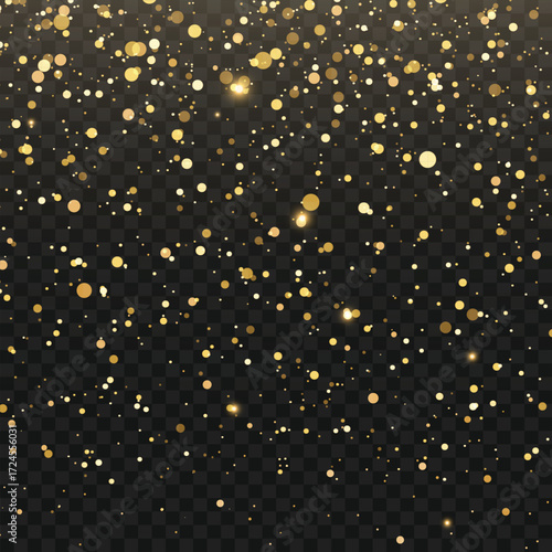 Festive falling golden glitter and sparkling confetti overlay effect. Vector
