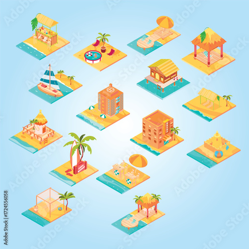 Isometric Tropical Island Resort Hotel and Beach Construction Set Icon