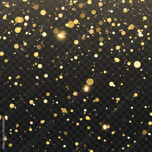 Festive falling golden glitter and sparkling confetti overlay effect. Vector