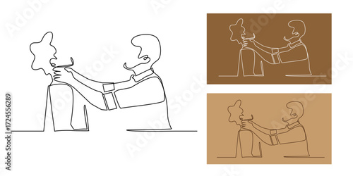 Continuous line art of two young men in conflict, minimalist one line drawing symbolizing disagreement, argument, or personal tension.