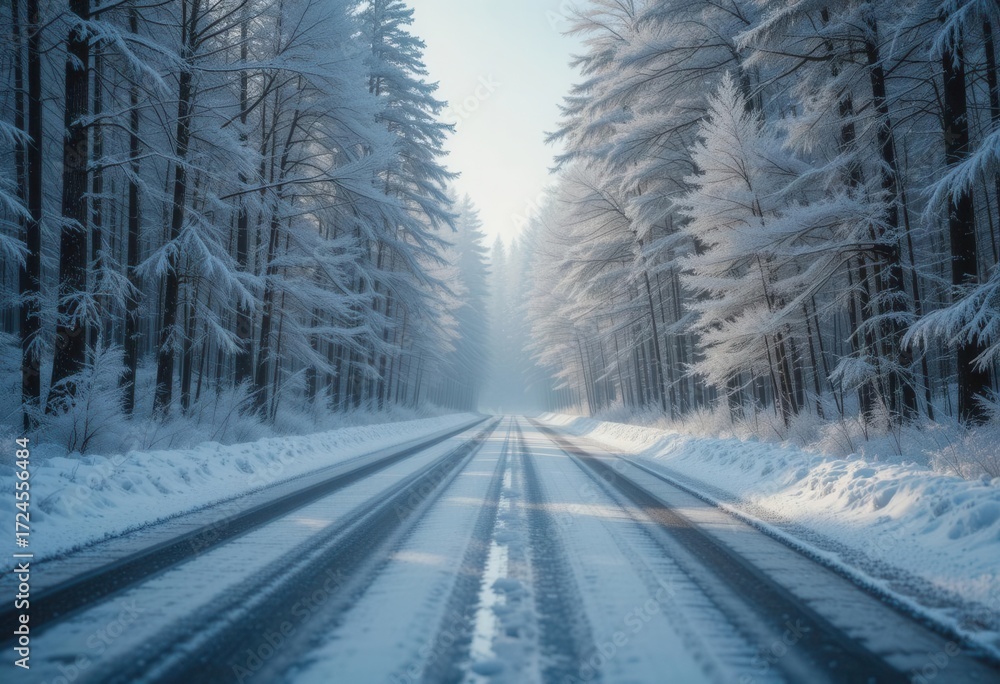 Obraz premium Crisp Winter Drive Forest Road, Textured Snow and Ice, Realistic Rendering