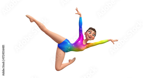 Cartoon gymnast in a colorful leotard leaps into the air, performing a graceful pose with outstretched arms and legs against a white background.