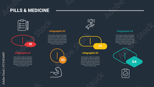 pills and medicine infographic process diagram with multi variations shape with up and down horizontal with dark background bright outline style 4 points
