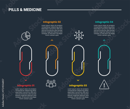 pills and medicine infographic process diagram with creative capsule shape with line combination on horizontal direction with dark background bright outline style 4 points