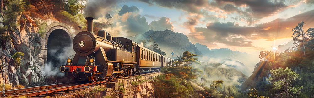 Fototapeta premium Old Steam Locomotive Passing Through Countryside Under Golden Sunset Sky