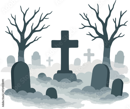 Spooky graveyard with tombstones and fog