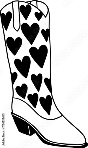 Black and white outline of a cowboy boot with black hearts