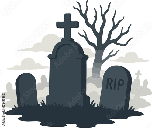 Spooky graveyard with tombstones and fog