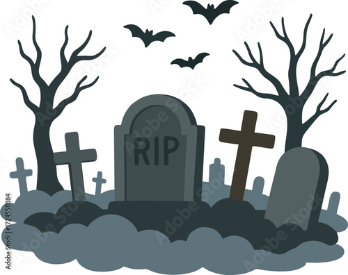 Spooky graveyard with tombstones and fog