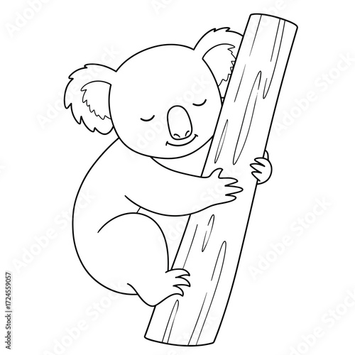 A calm cartoon koala hugs a tree trunk with closed eyes and a gentle smile. Its relaxed pose and fluffy features create a soothing, child-friendly scene.