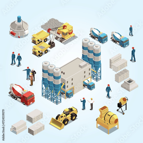 Isometric Detailed Concrete Plant Construction Site Equipment and Worker Illustration