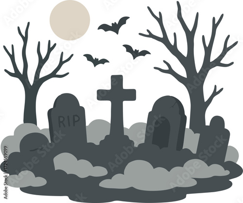 Spooky graveyard with tombstones and fog