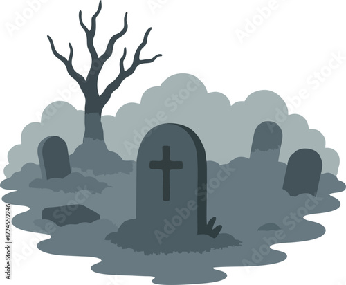 Spooky graveyard with tombstones and fog