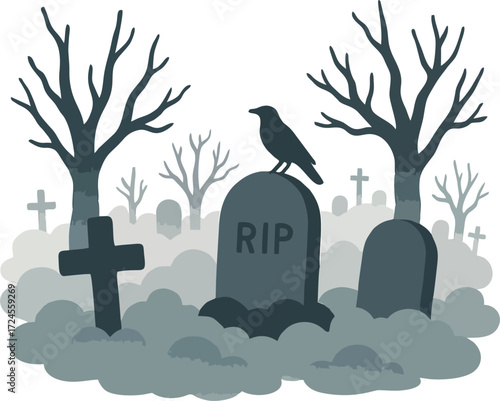 Spooky graveyard with tombstones and fog