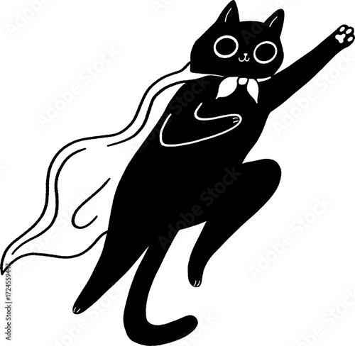Black cat superhero flying with cape and bowtie