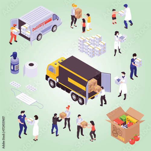 Isometric Logistics Aid Distribution with Medical Supplies and Food Donation
