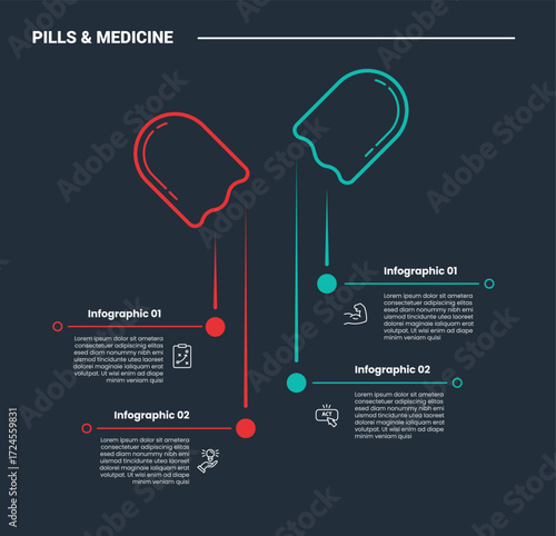 pills and medicine infographic process diagram with open capsule and granules falling with dark background bright outline style 4 points