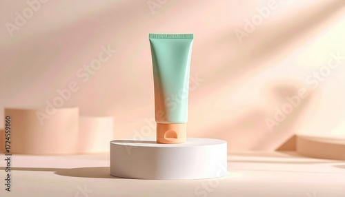 Wallpaper Mural Mint green tube on white pedestal, peach accents. Abstract shapes and soft light create a minimalist, calming, skincare scene Torontodigital.ca